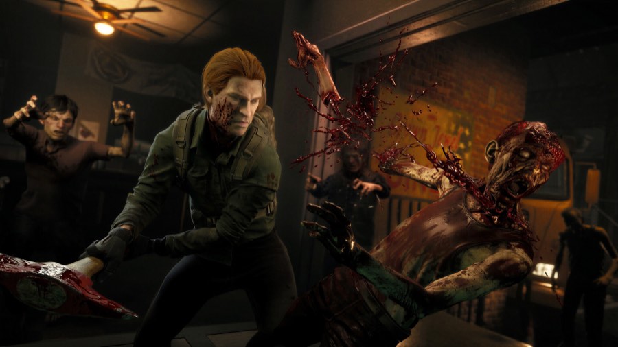 Responder swinging a machete at a bloodied zombie inside a dim room