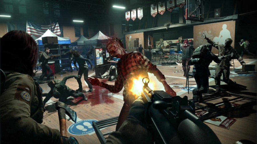 First-person shotgun fired into a school gym crowded with zombies