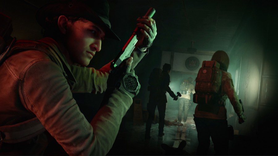 Two Responders with a pistol and flashlight in a dark laundry room